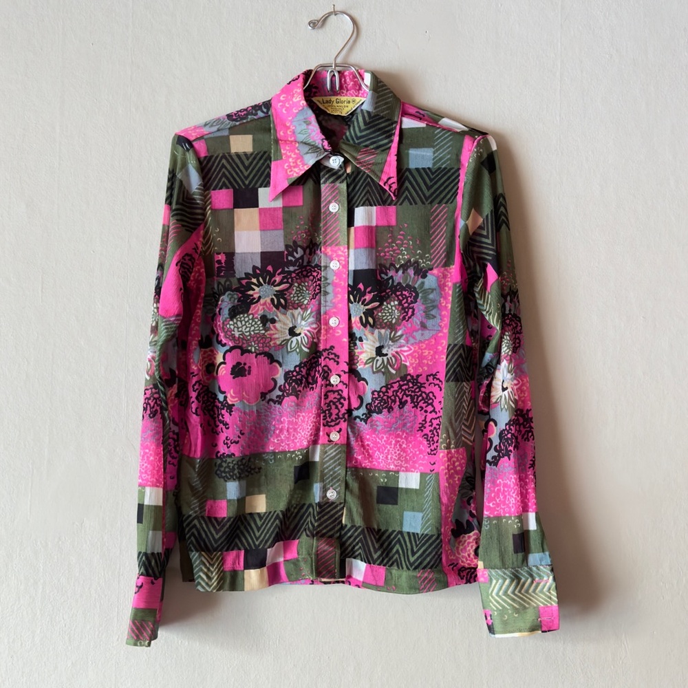 Vintage Pink & Olive Floral Patchwork Button-Front Blouse